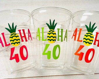 40th Birthday Party cups, Aloha 40, Luau Birthday, Luau Party, 40th Birthday for her, Summer Birthday