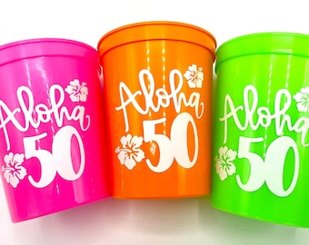 50th Birthday, Aloha 50, 50 Birthday Cups, Personalized 50th Birthday, Luau Birthday, 50th Luau, 50th Party Favors