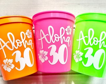 30th Birthday, Aloha 30, 30 Birthday Cups, Personalized 30th Birthday, Luau Birthday, 30th Luau, 30th Party Favors