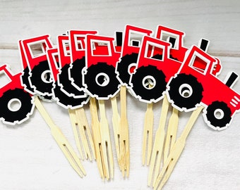 Red Tractor Cupcake Toppers, Farm Birthday Party Decorations (Set of 12)