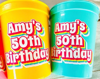 Personalized 50th Birthday Party Cups, Custom Text