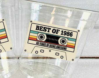 1986 Party Cups, 40th Birthday Decorations, Retro Cassette, of 1986, Milestone Favors
