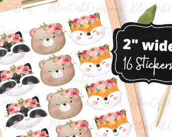 Girl Woodland Party Stickers - Woodland Baby shower Stickers -  DIY Woodland Stickers, Orange Fox Party, Woodland Floral Crown Stickers