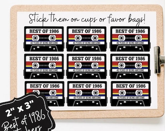 1986 40th Birthday Stickers, Stickers of 1986, Cassette Tape Theme, Party Favors, 2"x3"