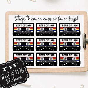 1976 Stickers, 50th Birthday Party Favors, Cassette Tape Design, 2" x 3"