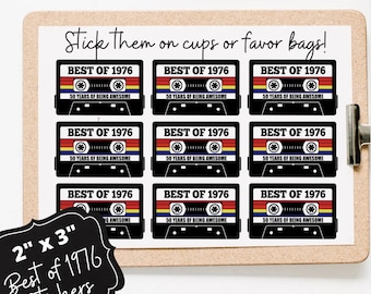 1976 Stickers, 50th Birthday Party Favors, Cassette Tape Design, 2" x 3"