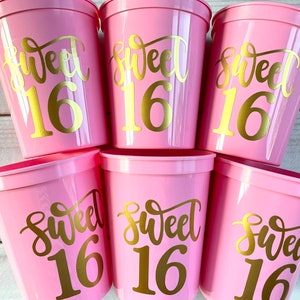 Sweet 16 Party Cups Reusable 16oz Stadium Cups Sweet 16 Favors Pink and Gold Party Cups Sweet 16 Birthday Cups