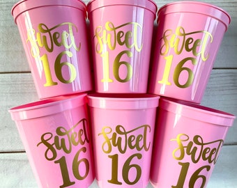 Sweet 16 Party Cups Reusable 16oz Stadium Cups Sweet 16 Favors Pink and Gold Party Cups Sweet 16 Birthday Cups