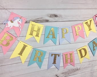 Unicorn Birthday, Pastel Rainbow Unicorn Banner | Unicorn Party Unicorn Happy Birthday Banner Unicorn Party Decorations Unicorn Banner