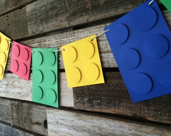 Building Block Party Garland - Colorful Bricks Birthday Decor