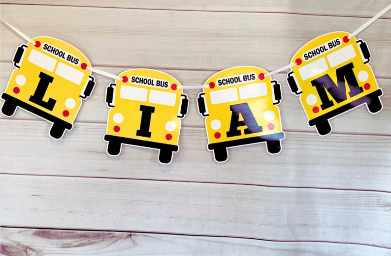 School Bus Birthday, School Bus Party School Bus banner, school bus name banner, school bus happy birthday banner, back to school party image 1