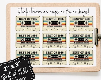 1986 Cassette Stickers, 40th Birthday Party Favors, Vintage Theme
