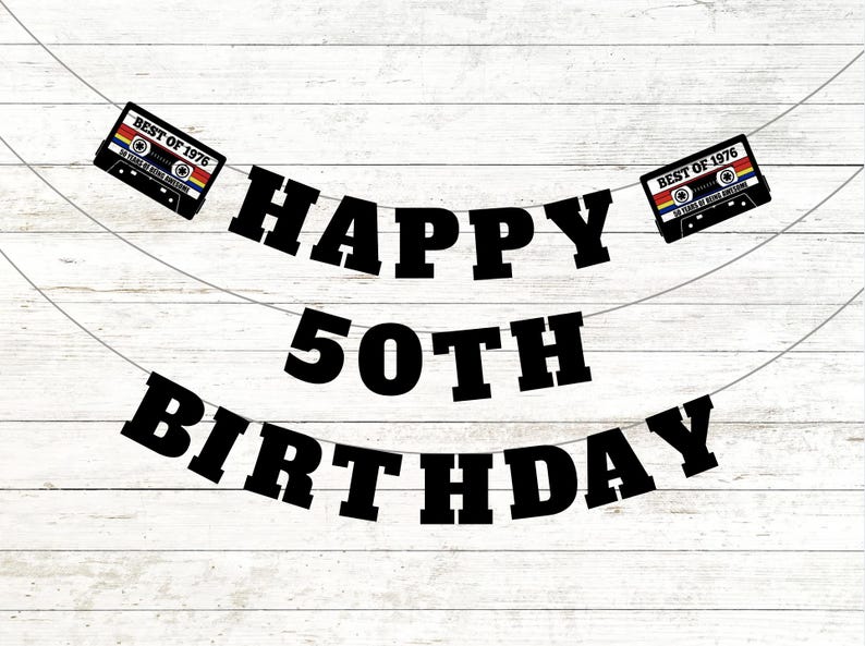 50th Birthday Banner, 1976 Cassette Tape Theme, Milestone Birthday Party Decoration image 1