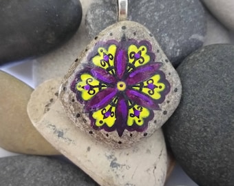 Fleur-de-lis Flower Purple Stone Mandala Pendant Necklace Rock Jewelry PEN0170