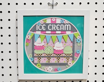 Ice Cream Stand Shadowbox - 3D Layered Paper with Frame - Wall or shelf decoration