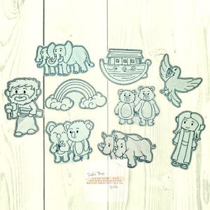 May include: A set of black and white line art illustrations of characters and objects from the Bible story of Noah's Ark. The illustrations include Noah, an ark, a rainbow, two elephants, two bears, a dove, a rhinoceros, and two children.