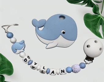 Whale pacifier attachment, silicone whale toy, blue sky blue whale personalized pacifier attachment