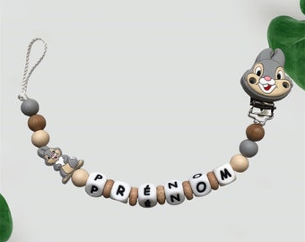 Thumper Wood and light gray pacifier clip, personalized pacifier clip