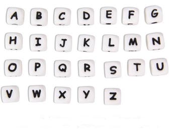 Letter Alphabet Silicone, siliconen parel, alfabet kraal, kubus 12 x 12, afzonderlijk verkocht