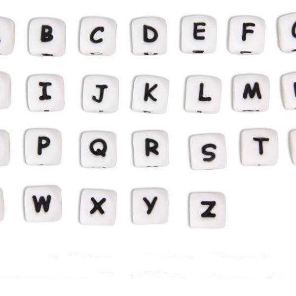 Lettre Alphabet Silicone, perle silicone, perle alphabet, cube 12 x 12, vendu à l'unité