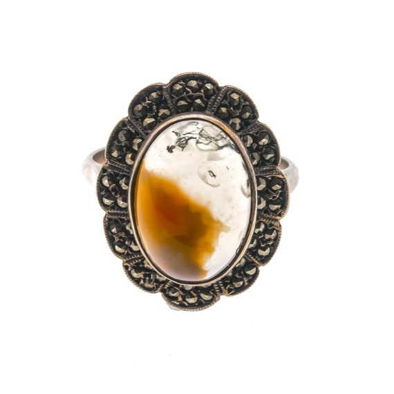 Art Deco Sterling Silver Agate & Marcasite Ring