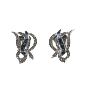 Blue & White Elegance - Vintage Marcel Boucher Silver Toned Crystal Clip-On Earrings