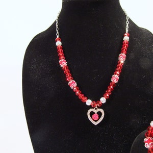 Heart Focal with Red Rose Bead Necklace with Matching Bracelet and Earrings Ships Worldwide image 1