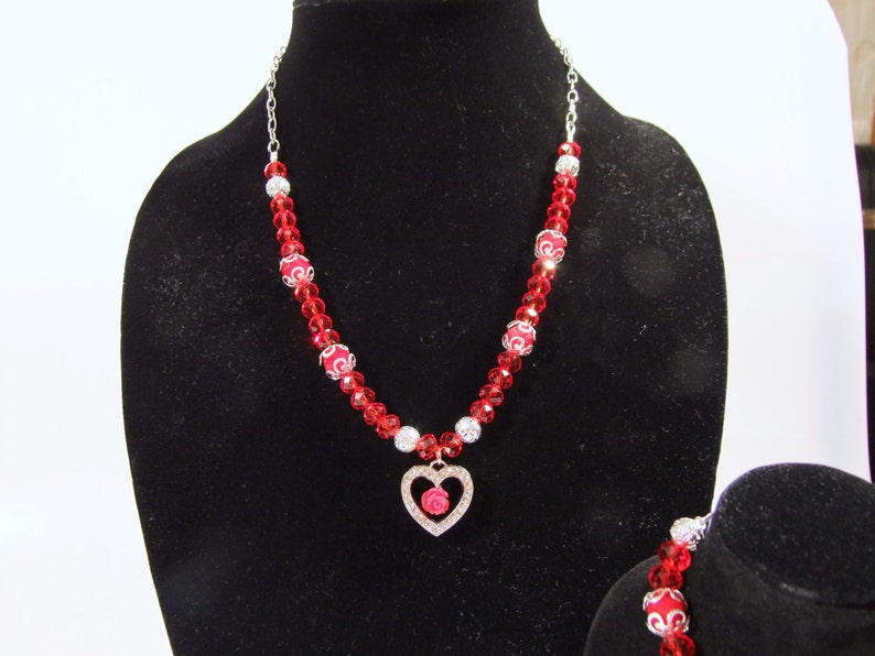 Heart Focal with Red Rose Bead Necklace with Matching Bracelet and Earrings Ships Worldwide image 1