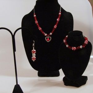 Heart Focal with Red Rose Bead Necklace with Matching Bracelet and Earrings Ships Worldwide image 2
