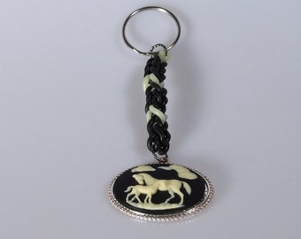 Horse Cameo Pendant Keychain with latex-free black and cream(glow-in-the-dark) o-rings -Great Stocking Stuffer  - Ships Worldwide