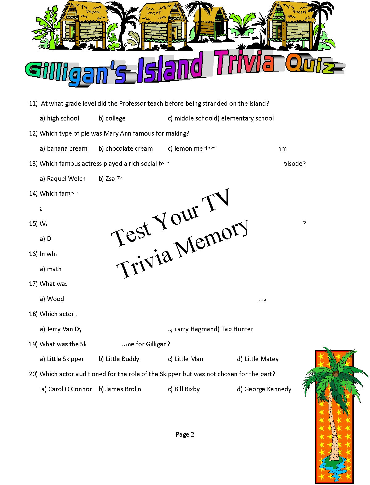Gilligan's Island Trivia Questions Printable Digital - Etsy