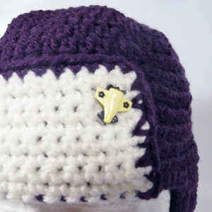 Handmade Toddler Dark Purple & White Crochet Aviator Pilot Hat with Earflaps Ear Flaps Airplane Button Embellishments image 3