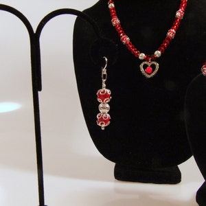 Heart Focal with Red Rose Bead Necklace with Matching Bracelet and Earrings Ships Worldwide image 3