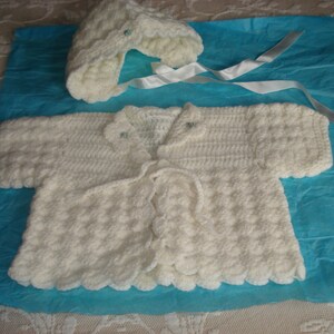 Vintage Infant White Crochet Sweater and Bonnet Set from the 1960's From a Smoke-Free Home Will Ship Worldwide image 5