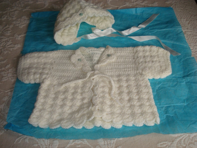 Vintage Infant White Crochet Sweater and Bonnet Set from the 1960's From a Smoke-Free Home Will Ship Worldwide image 5