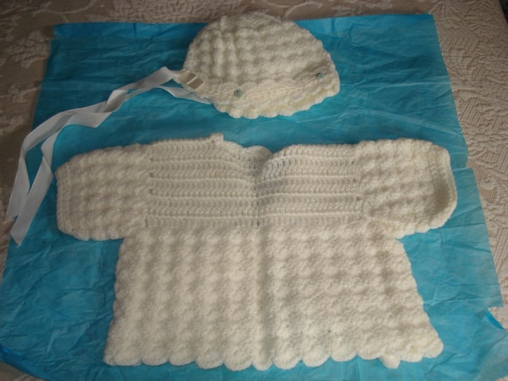 Vintage Infant White Crochet Sweater and Bonnet Set from the 1960's From a Smoke-Free Home Will Ship Worldwide