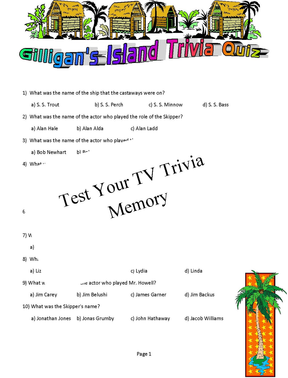 Gilligan's Island Trivia Questions Printable Digital - Etsy