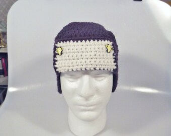 Handmade Toddler Dark Purple & White Crochet Aviator Pilot Hat with Earflaps Ear Flaps Airplane Button Embellishments