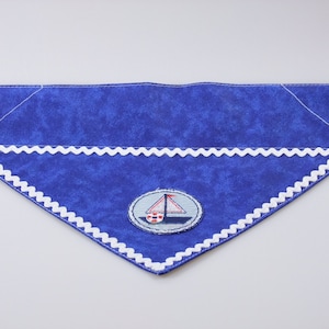 Nautical Dog Bandana Bandanna Over the Collar Medium Sailboat Applique Rickrack Royal Blue Cotton Fabric  Pet Neckwear Accessory