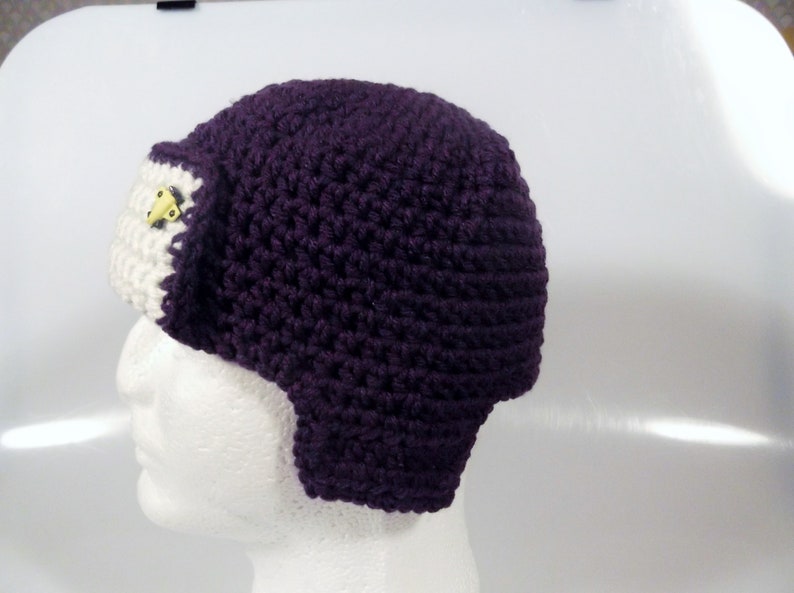 Handmade Toddler Dark Purple & White Crochet Aviator Pilot Hat with Earflaps Ear Flaps Airplane Button Embellishments image 4