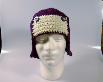 Handmade Child Children's Dark Purple & White Crochet Aviator Pilot Hat with Earflaps Ear Flaps Button Embellishments