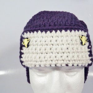 Handmade Toddler Dark Purple & White Crochet Aviator Pilot Hat with Earflaps Ear Flaps Airplane Button Embellishments image 2