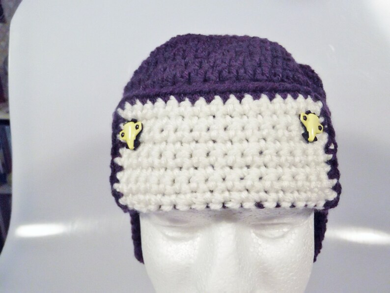 Handmade Toddler Dark Purple & White Crochet Aviator Pilot Hat with Earflaps Ear Flaps Airplane Button Embellishments image 2