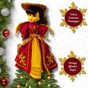 Burgundy Velvet, Victorian Angel, Vinyl Doll with Gold Brocade Material, Star Sequins, Christmas Tree Topper, Brand New, Never Used