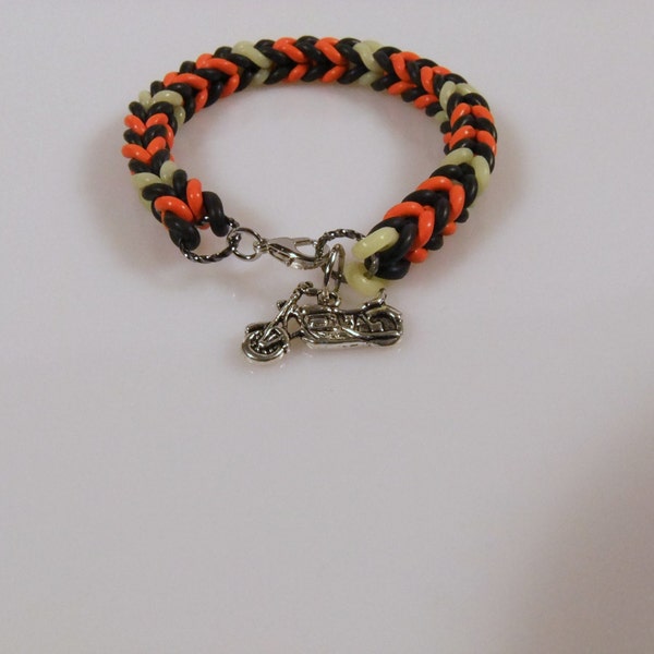 Glow-in-the-dark Harley Davidson Inspired Colors Latex-free O-ring Bracelet with Motorcycle Charm - Ships Worldwide - Great Stocking Stuffer