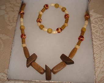 Natural Wood Bead Necklace and/or  Matching Stretch Cord Bracelet Jewelry Set or buy one piece - You choose - Ships Worldwide