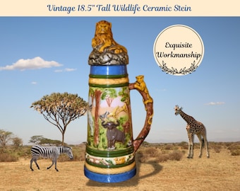 Vintage Extra‑Large Wildlife Ceramic Stein, Holland Mold 1973, African Animals Relief, 18.5” Tall Collectible