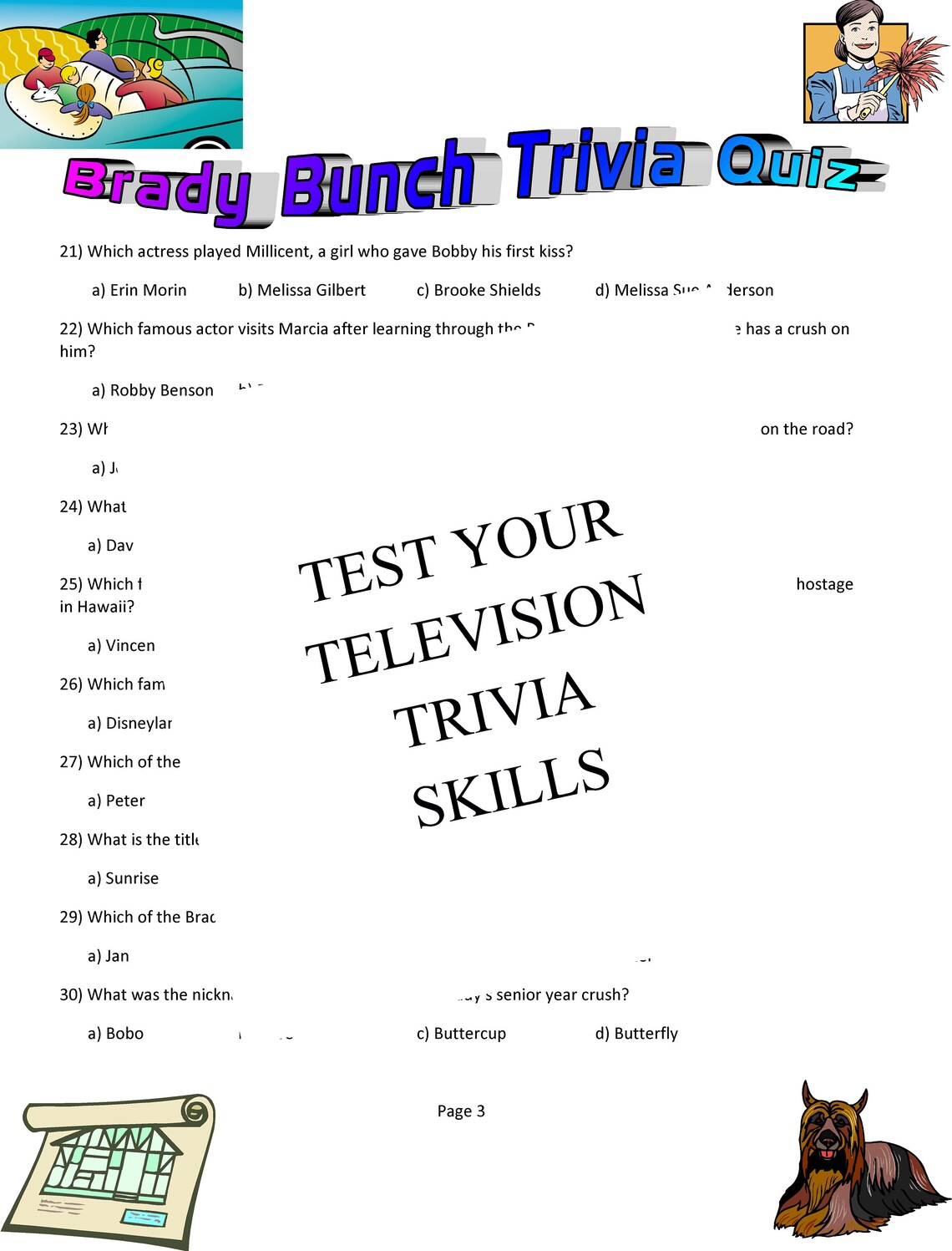 Brady Bunch Multiple Page Trivia Questions and Quotations Quiz
