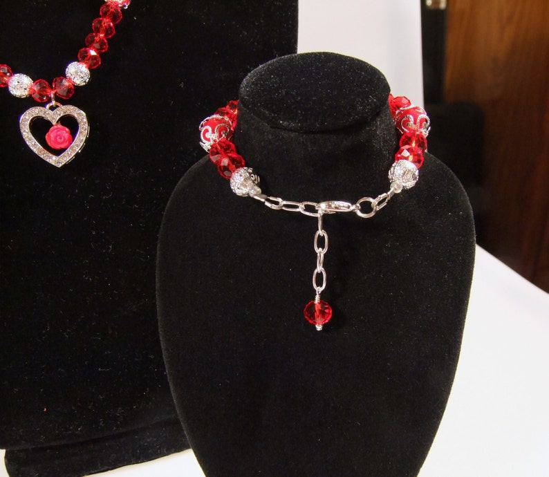 Heart Focal with Red Rose Bead Necklace with Matching Bracelet and Earrings Ships Worldwide image 5