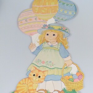 Decoración de cartón troquelado de Pascua vintage con forma de niña, globos, gatito, gato, cesta y huevos